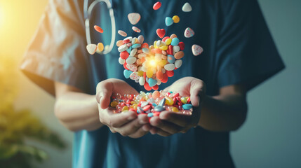Male doctor with bunch of colorful pills in hands and flying