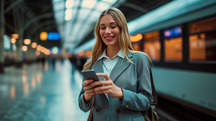 Enjoying travel. Young happy Caucasian business woman wearing a style grey suit holding mobile phone standing in city subway using smartphone for texting, checking apps for public transport, metro or