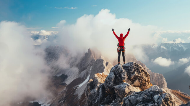 Panoramic image of climber standing with arms raised in the air on mountain top in front of majestic scenery