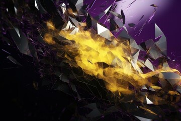 Contemporary tech backdrop with glossy shattered glass. Dynamic, purple and yellow 3D illustration. Generative AI