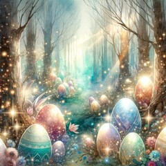 An illustration of an Easter Bunny in a magical forest with sparkling eggs, rendered in watercolor style.