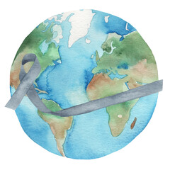 Watercolour illustration of waving ribbon and planet. Hand drawn watercolor painting on white...