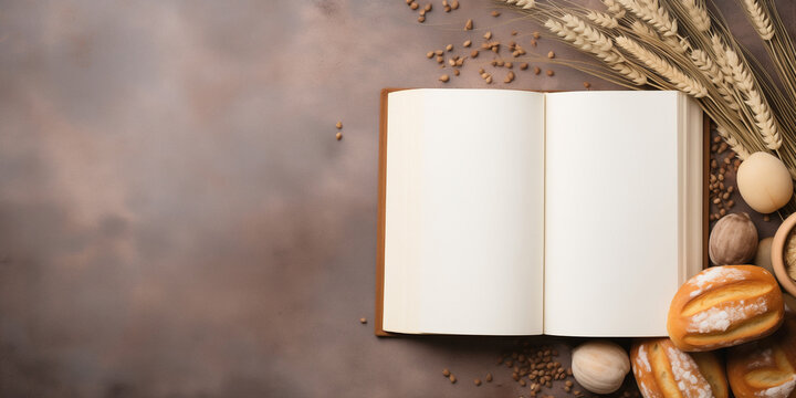 Bakery style border design with an open recipe book placed in the center with blank pages to place text. Natural, fresh and baked ingredients with copy space.