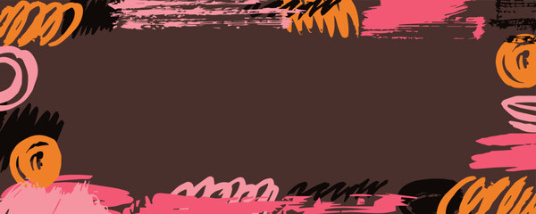 Obraz premium Horizontal background with abstract colored spots , blots and brush strokes. An artistic decorative frame or border with strokes and doodles. Vector illustration in grunge style