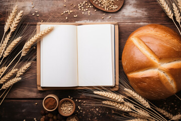 Bakery style border design with an open recipe book placed in the center with blank pages to place text. Natural, fresh and baked ingredients with copy space.