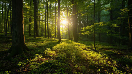 Fototapeta na wymiar Sunlight in the green forest, spring time