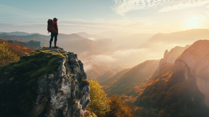 Traveler with a Backpack Standing on a Cliff