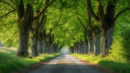 Tunnel-like lime tree avenue in spring, fresh green foliage