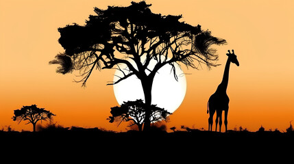 Fototapeta na wymiar The silhouette of a giraffe at a red-orange sunset in the savannahs.