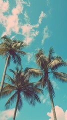 Fototapeta na wymiar Low angle view of tropical coconut palm trees with clear blue sky - AI Generated