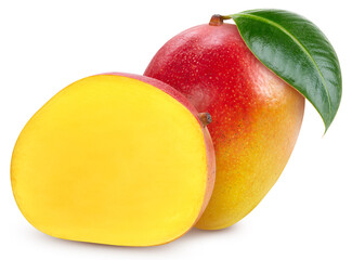 Fresh organic mango with leaves isolated on white background