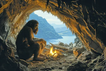 Zelfklevend Fotobehang Chronicles of prehistoric life: primitive man, delving into the mysteries of early human existence, tools, culture, and survival in the ancient epochs of our evolutionary past © Alla