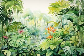 Watercolor tropical jungle foliage and flowers illustration. Wall art wallpaper