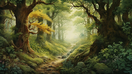 Enchanting wild forest path with watercolor effect. Wall art wallpaper - obrazy, fototapety, plakaty