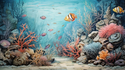 Artistic underwater scene with fish and coral diversity. Wall art wallpaper