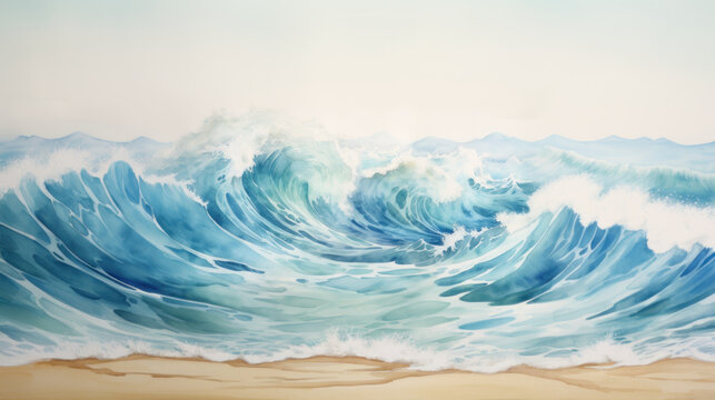 Serene beach waves watercolor painting with mountain backdrop. Wall art wallpaper