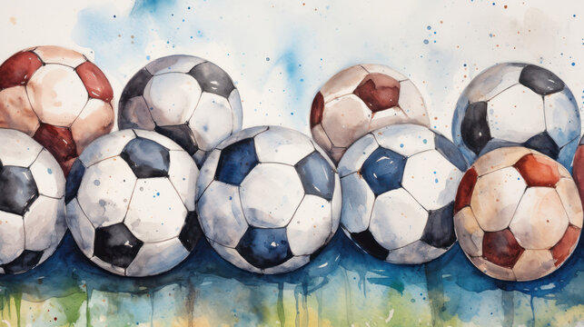 Watercolor painted soccer balls on artistic background. Wall art wallpaper