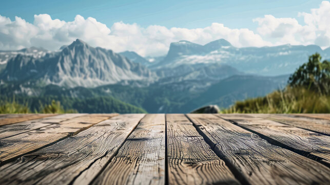 Wooden Table Top With The Mountain Landscape
