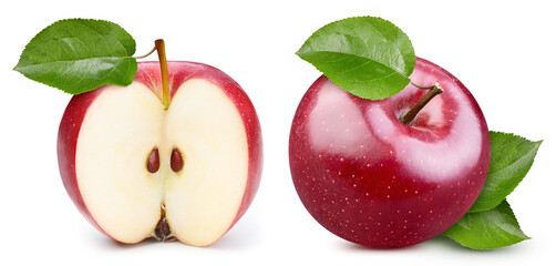 Red apple and green leaves isolated on white background