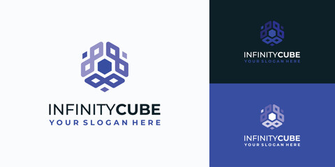 Vector logo design, combination of infinity symbols in the shape of a hexagon cube.