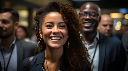 Obraz premium Portrait of a black businesswoman or vice president, against the background of her team of employees.