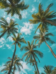 Low angle view of tropical coconut palm trees with clear blue sky - AI Generated