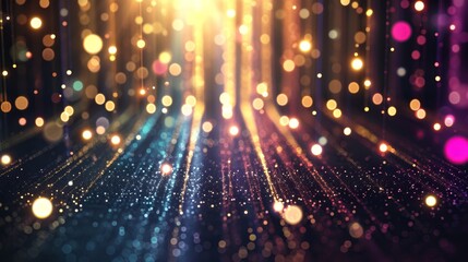  array of colorful vertical light beams converges towards a single point on a dark background with a bokeh effect