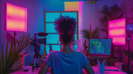 A content creator sits before a camera and colorful lighting, preparing to produce vibrant social media content.