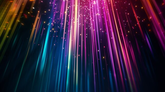  array of colorful vertical light beams converges towards a single point on a dark background with a bokeh effect