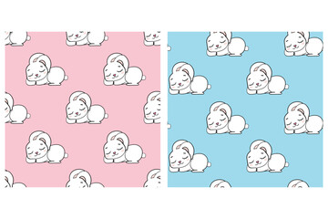 set sleeping rabbit seamless endless pattern vector illustration on a pink and blue background collection