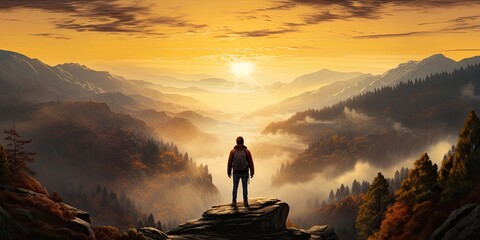 Young man standing and looking at the picturesque valley with a mountain river, as the sun sets in a colorful sky - obrazy, fototapety, plakaty