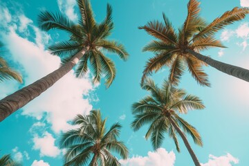 Low angle view of tropical coconut palm trees with clear blue sky - AI Generated - Powered by Adobe