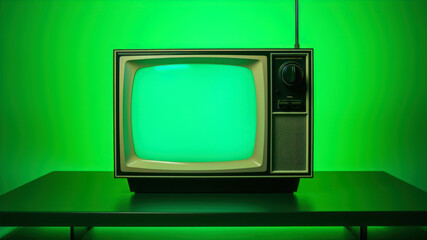 Retro TV with green screen on the shelf.