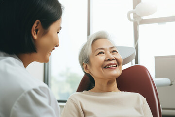 Fototapeta premium Portrait of a mature lady smiling in the dentists office generative AI image