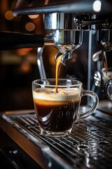 Professional coffee brewing. A Preparation of espresso coffee by using coffee machine. Espresso pouring from coffee machine. Close-up of espresso pouring from coffee machine. Vertical photo.