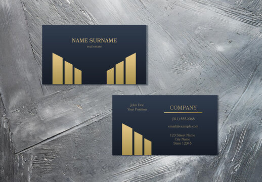 Navy Gold Real Estate Skyscraper Business Card Template