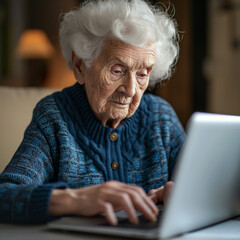 Close-up of an elderly woman typing or working on a laptop. Indoor setting. Active seniors in the digital age