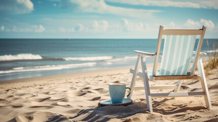 beach chair on a beach and cup of tea