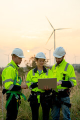 Vertical image group of technician workers man and woman work using laptop and stay in front of...