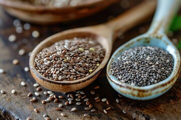 Superfood Showcase - Chia Seeds and Flaxseeds in a Ceramic Spoon