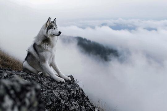 photo of Siberian husky in sea of fog in mountain, realistic, shot with canon r6 mark2 --ar 3:2 --v 6 Job ID: 7cc43850-80b9-4cc0-b6a3-5ea43de92a07