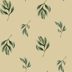 Floral watercolor seamless pattern with green peony leaves on light beige background. For design, fabric, wrapping