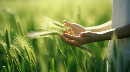 Human Hand Touching Seed. Caring for Green Wheat Grass Crop Growth in Nature, Agriculture, Under Sunlight