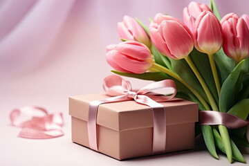 Fototapeta premium Mother's Day Celebration Concept, Pink Tulip Flowers Bouquet and Gift Box with Ribbon on Isolated Pastel Women's Day Pink Background