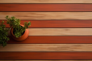 Earthy terracotta and olive green stripes on a wooden backdrop, top view, establishing a grounded and natural setting.