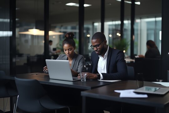 An African-American tech businessman and a businesswoman in an office, sitting at a table