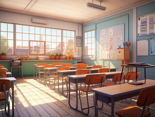 Fresh morning sunlight illuminates the classroom window, and a box of school supplies filled with unique books and stationery sits on the desk.