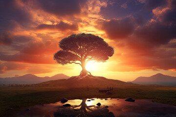 Fototapeta na wymiar Big Tree Standing in Front of a Sunset. Beauty of Nature Dawn Morning sunrise Twilight Landscape Background