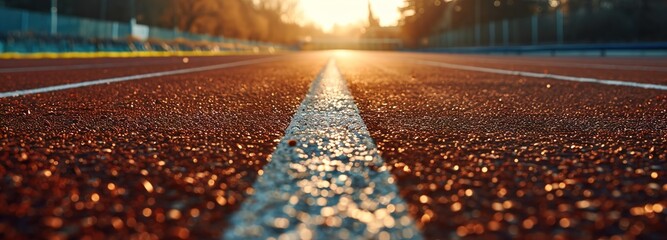 Stadium's starting line in afternoon light, a powerful symbol of sports and health, ready for athletes in track and field events, perfect for sports advertising - obrazy, fototapety, plakaty
