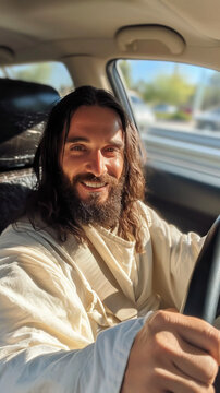 Divine Driver: Jesus Takes the Wheel, Guiding the Car with Divine Guidance and Grace